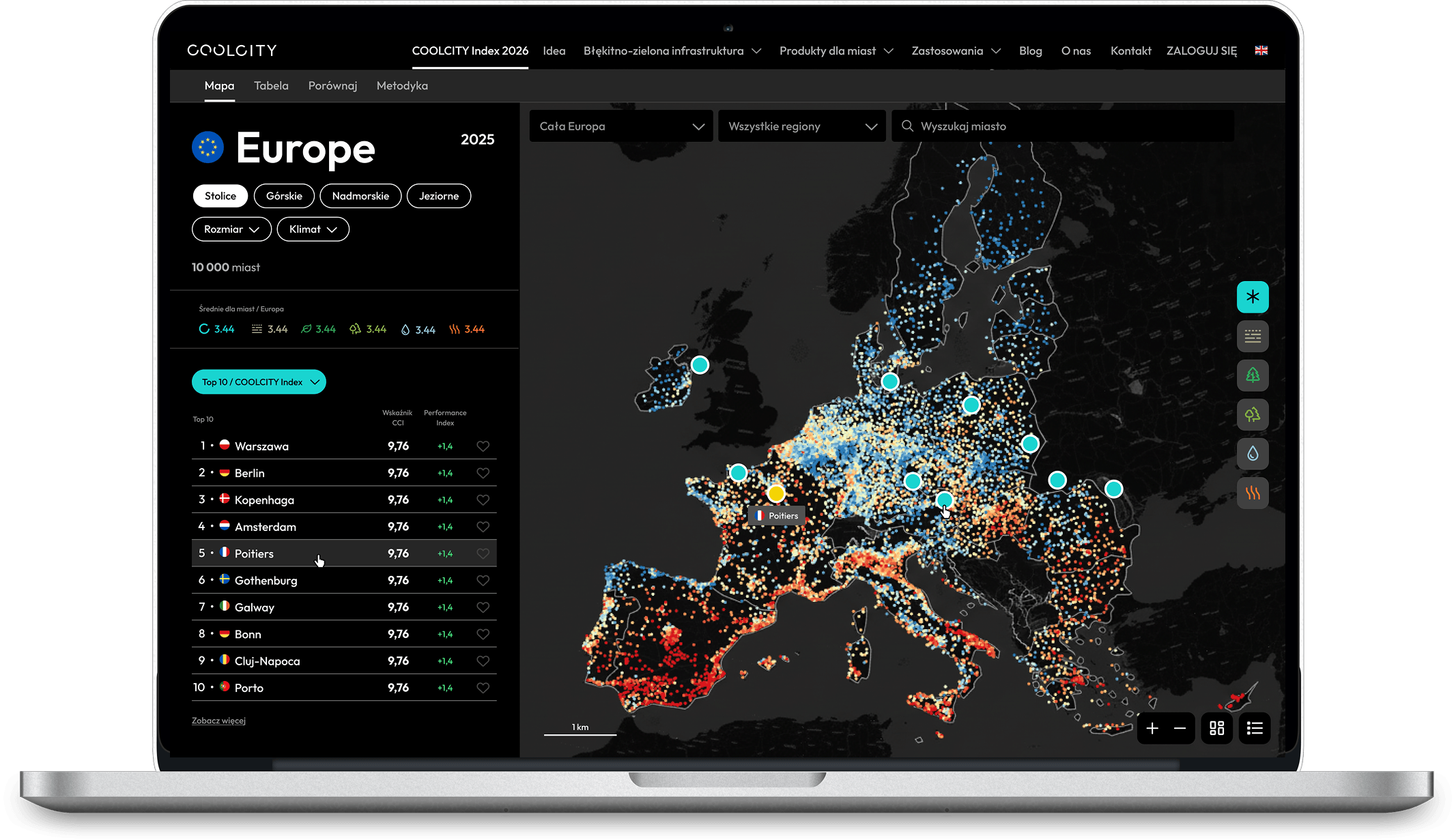 COOLCITY Index displayed on a laptop with a map of European cities