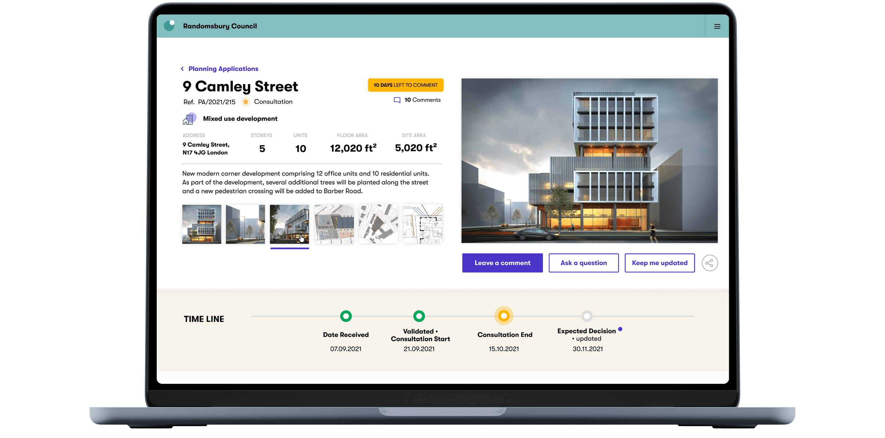 Planning application detail page displayed on a laptop