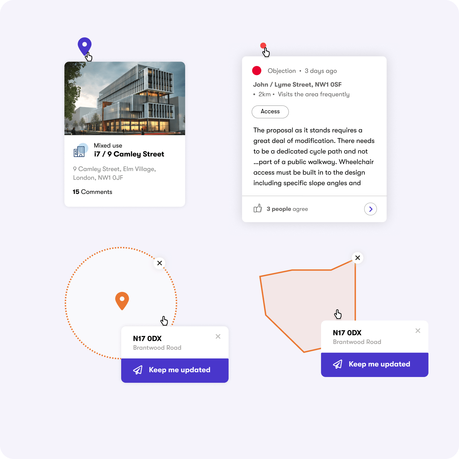 Planning application cards, comments, and location notification tools