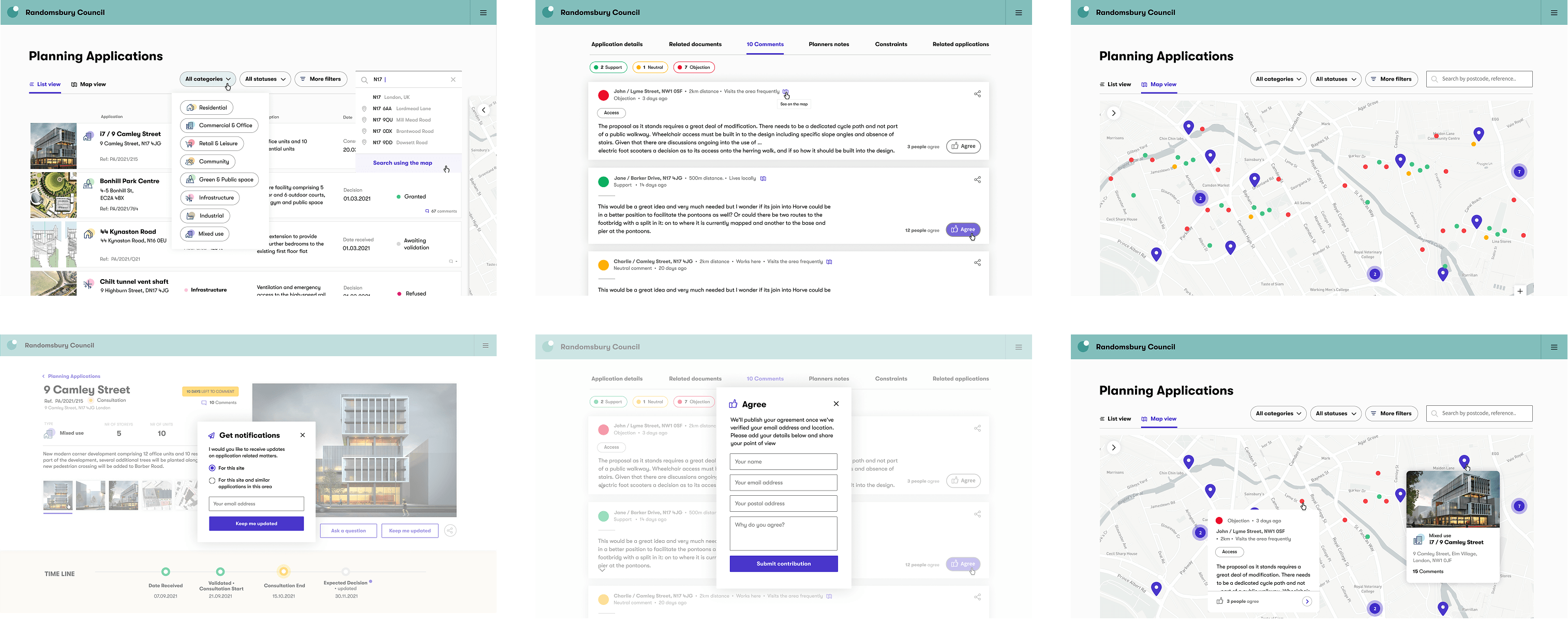 Six planning application service screens showing lists, comments, details, and maps